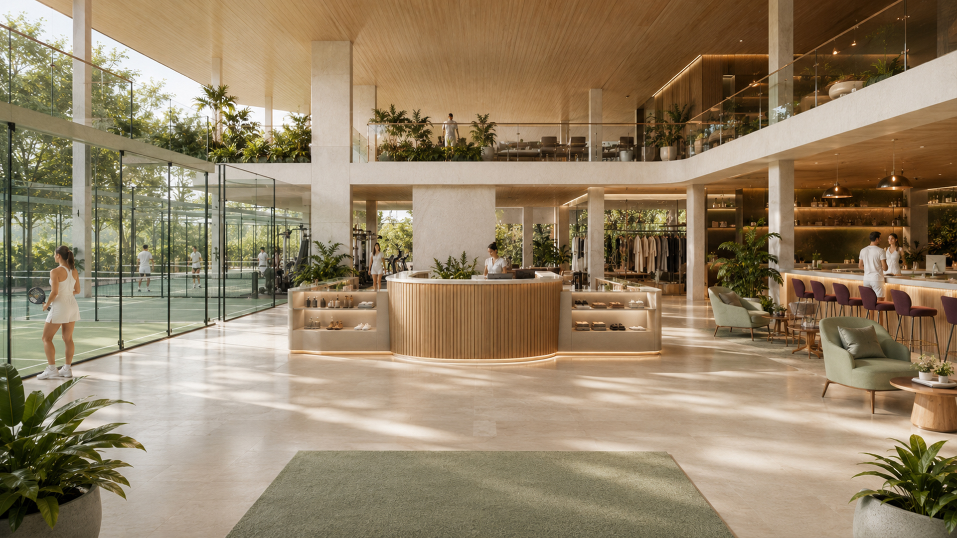 The Third club interior with padel courts, lounge and cafe